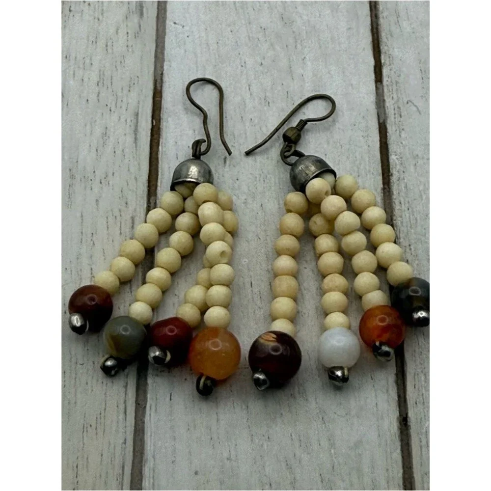 Unique stone Beaded Tassel Drop Earrings in Cream and Multicolor
